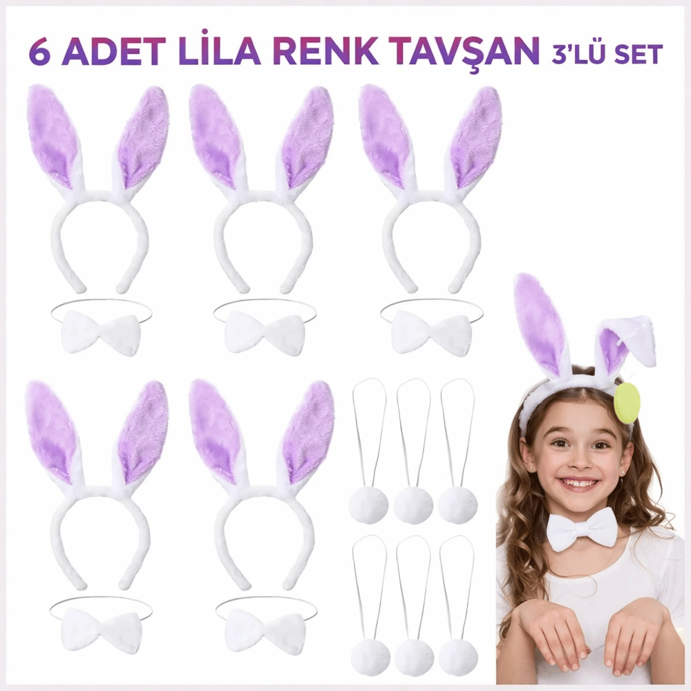 Lila Tavşan Sahne Seti 6'lı Set Taç Papyon Kuyruk