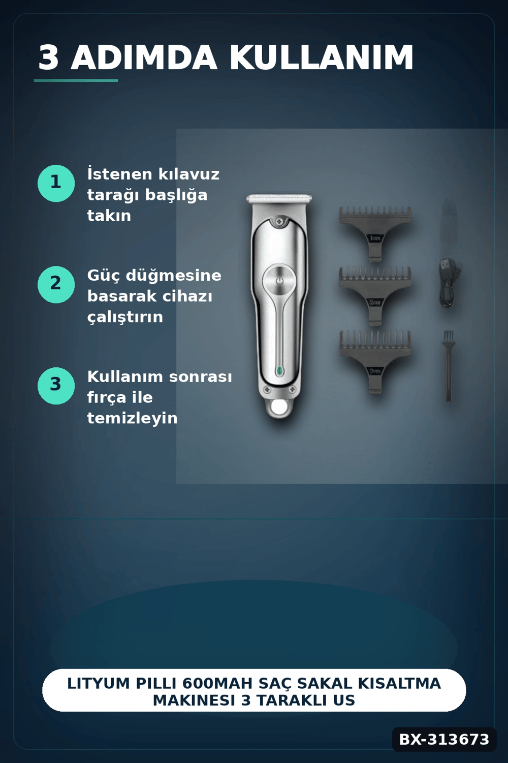 Lityum Pilli 600mAh Saç Sakal Kısaltma Makinesi 3 Taraklı USB Şarj LED Ekran BX-313673