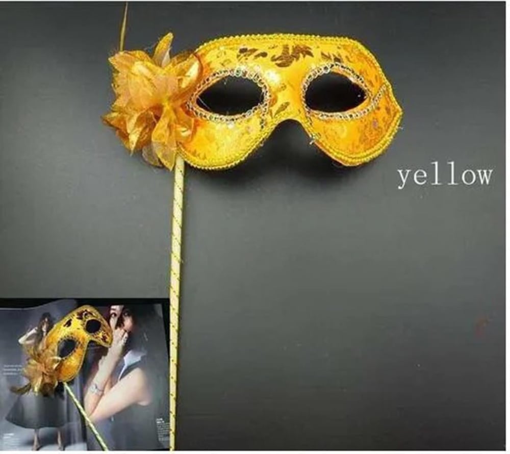 Lüks Taşlı Saplı Maskeli Balo Maskesi Altın Renk 35 cm (3936)