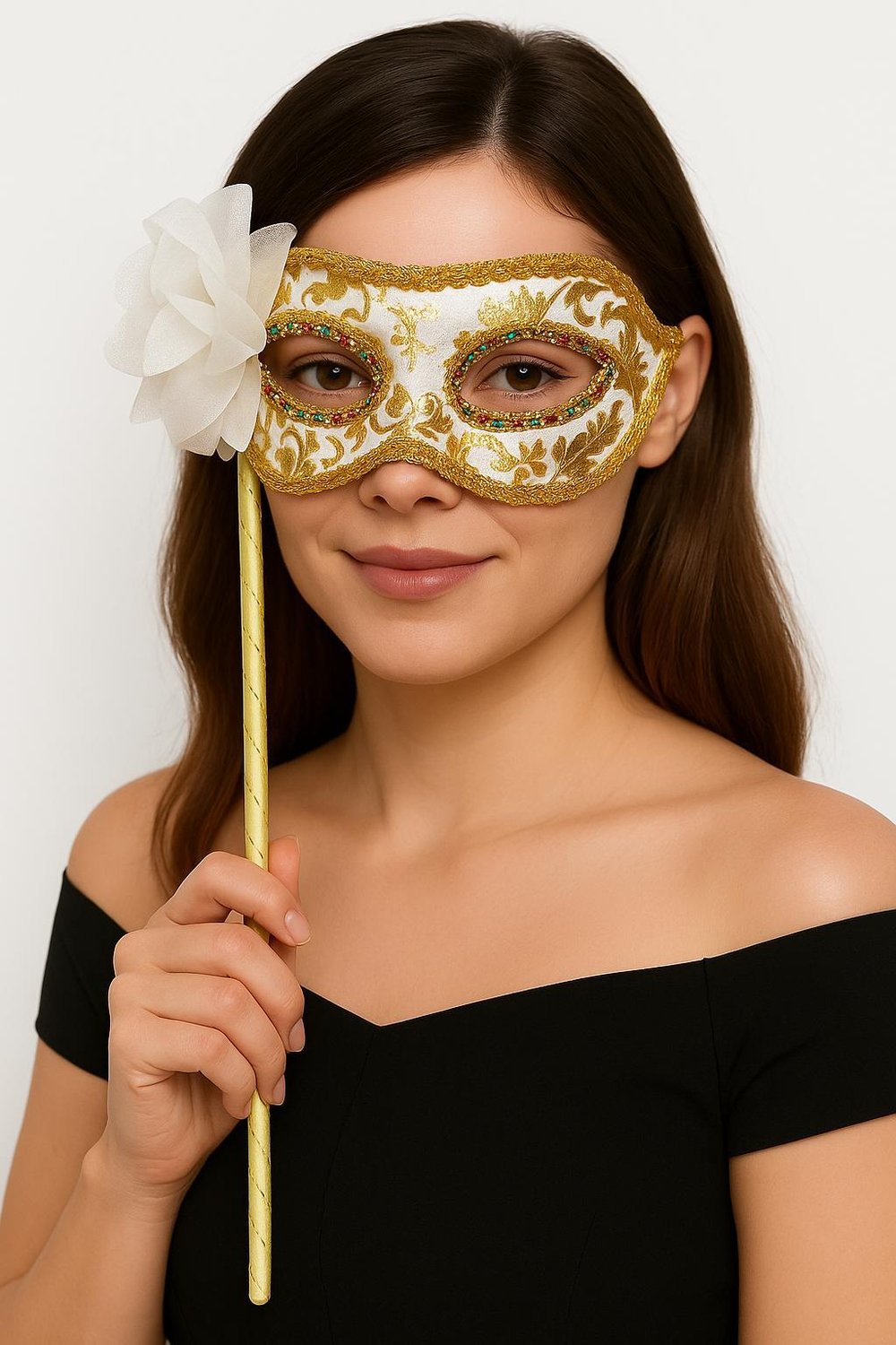 Lüks Taşlı Saplı Maskeli Balo Maskesi Beyaz Renk 35 cm (3936)
