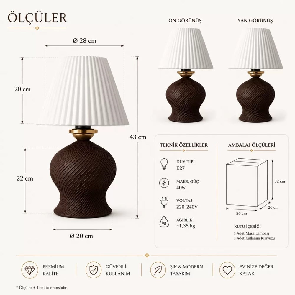 Luxury Tasarımlı Abajur – Yatak Odası Ve Çocuk Odası İçin Dekoratif Aydınlatma 31x45 Cm Alt Kahverengi