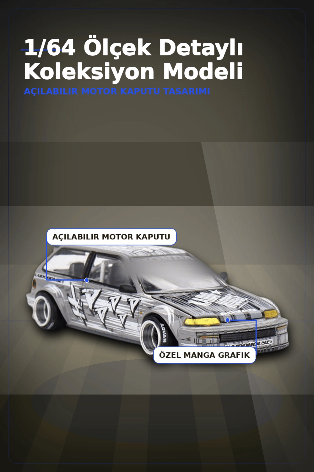 Manga Desenli 1/64 Ölçek Diecast Honda Civic EF Model Araba - Tekli Rastgele Paket BX-313375