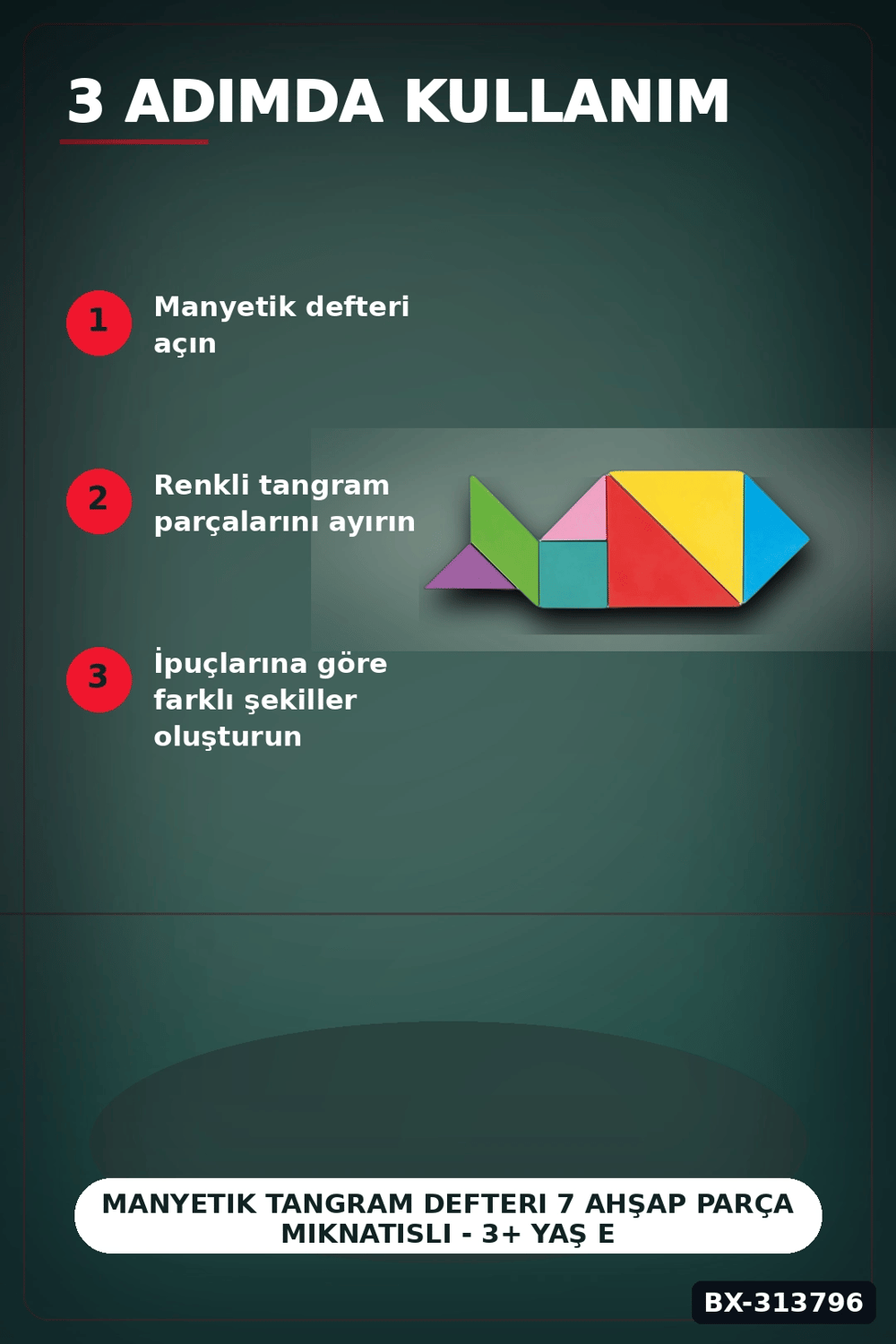 Manyetik Tangram Defteri 7 Ahşap Parça Mıknatıslı - 3+ Yaş Eğitici Zeka Oyunu BX-313796