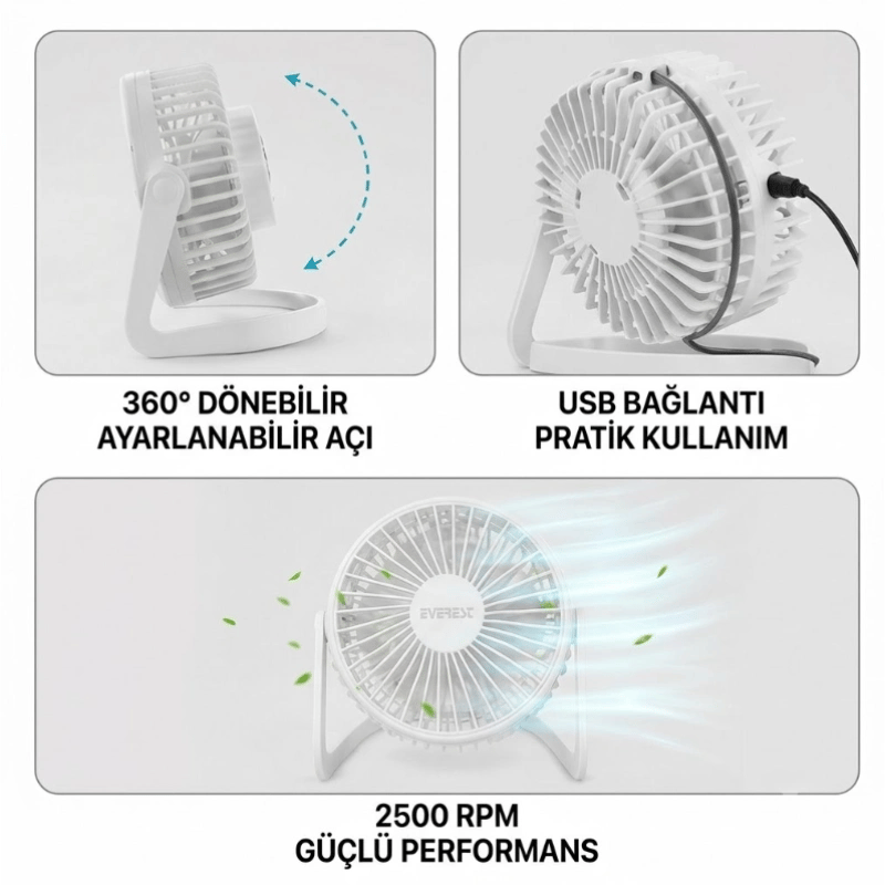 Masaüstü Mini USB Fan - PVC Gövdeli - 360° Ayarlanabilir