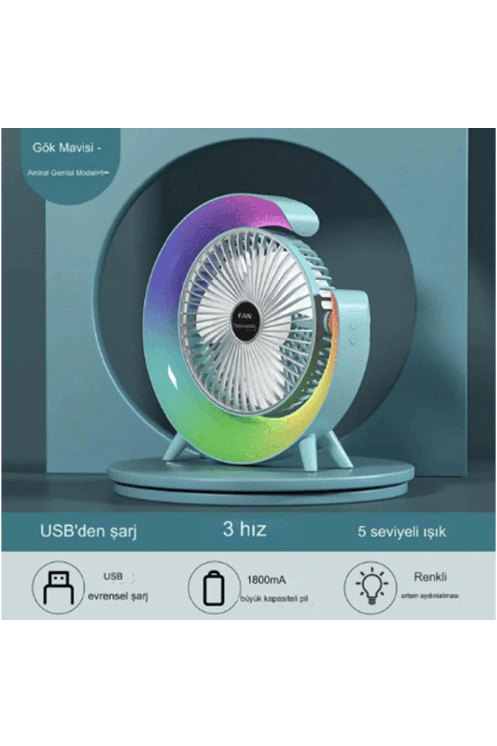 Masaüstü Vantilatör Usb Şarjlı Rgb Led Işıklı 3 Kademeli 180° Ayarlanabilir Soğutucu Fan Mavi