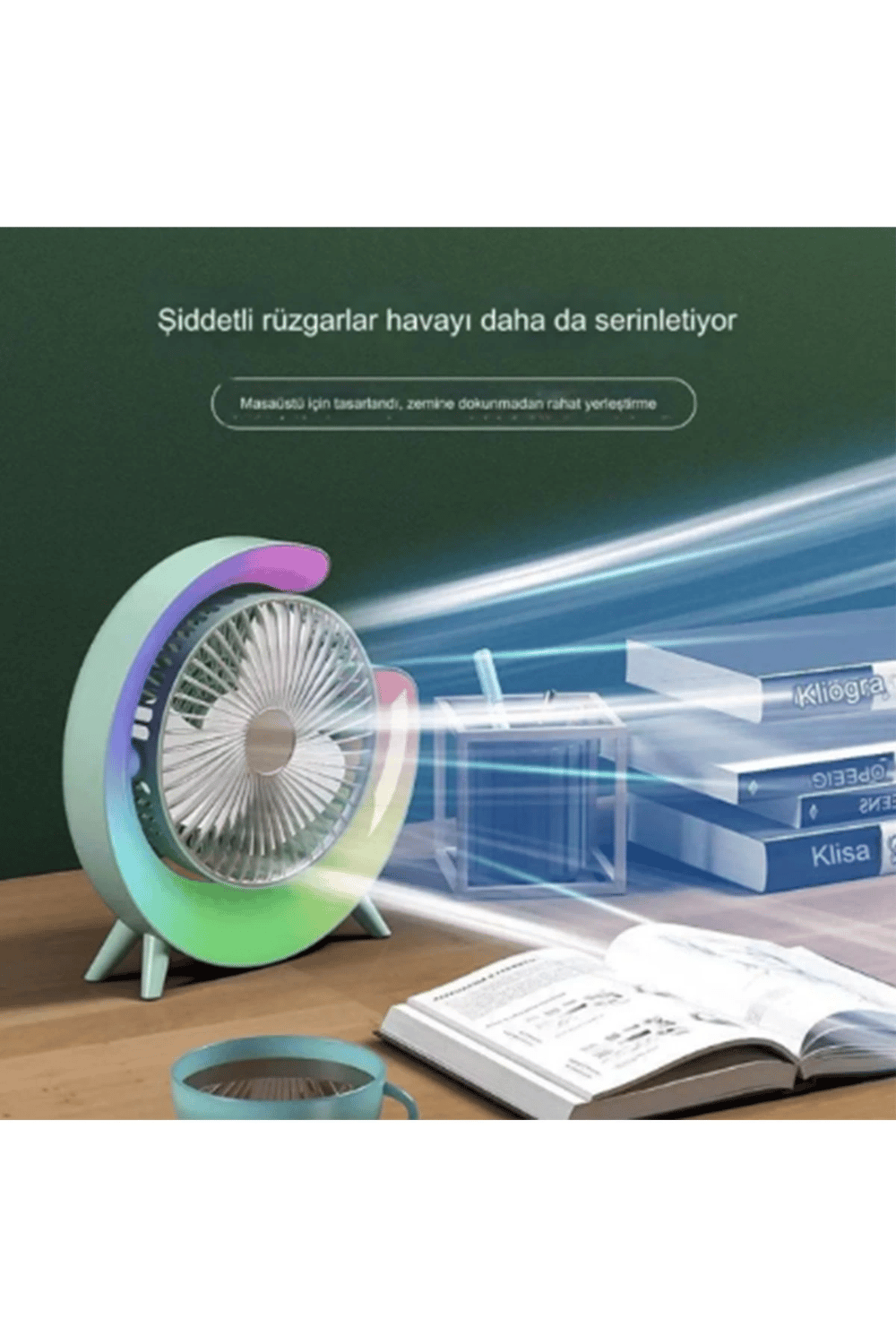 Masaüstü Vantilatör Usb Şarjlı Rgb Led Işıklı 3 Kademeli 180° Ayarlanabilir Soğutucu Fan Mavi