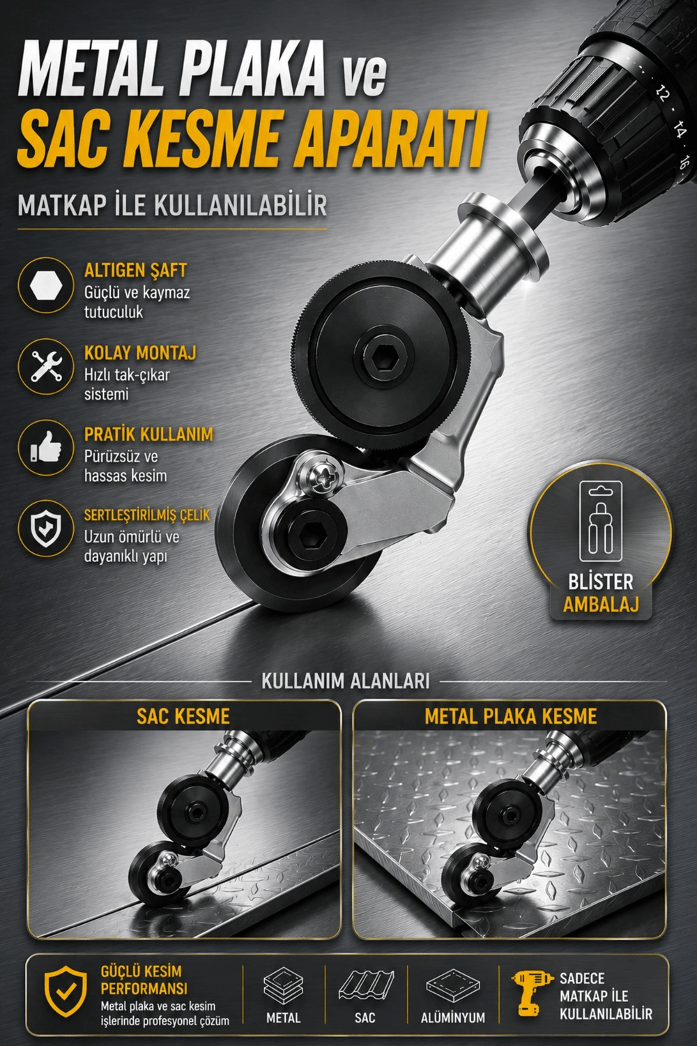 Matkap Ucuna Takılabilen Metal Sac Kesme Aparatı Şarjlı ve Elektrikli Matkap Uyumlu Pratik Kesim Aleti