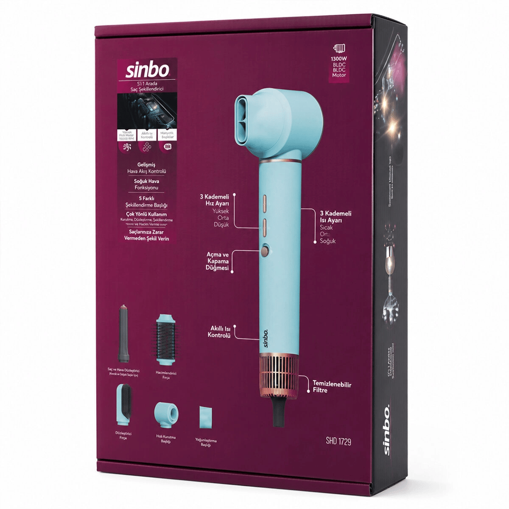 Mavi Air Brush 5in1=bukle-hacimle-düzleştir-2-fırça Saç Kurutma - Şekil Makinesi 1300w 3-kdm.hız Sıcaklık Shd-1729 Bx40