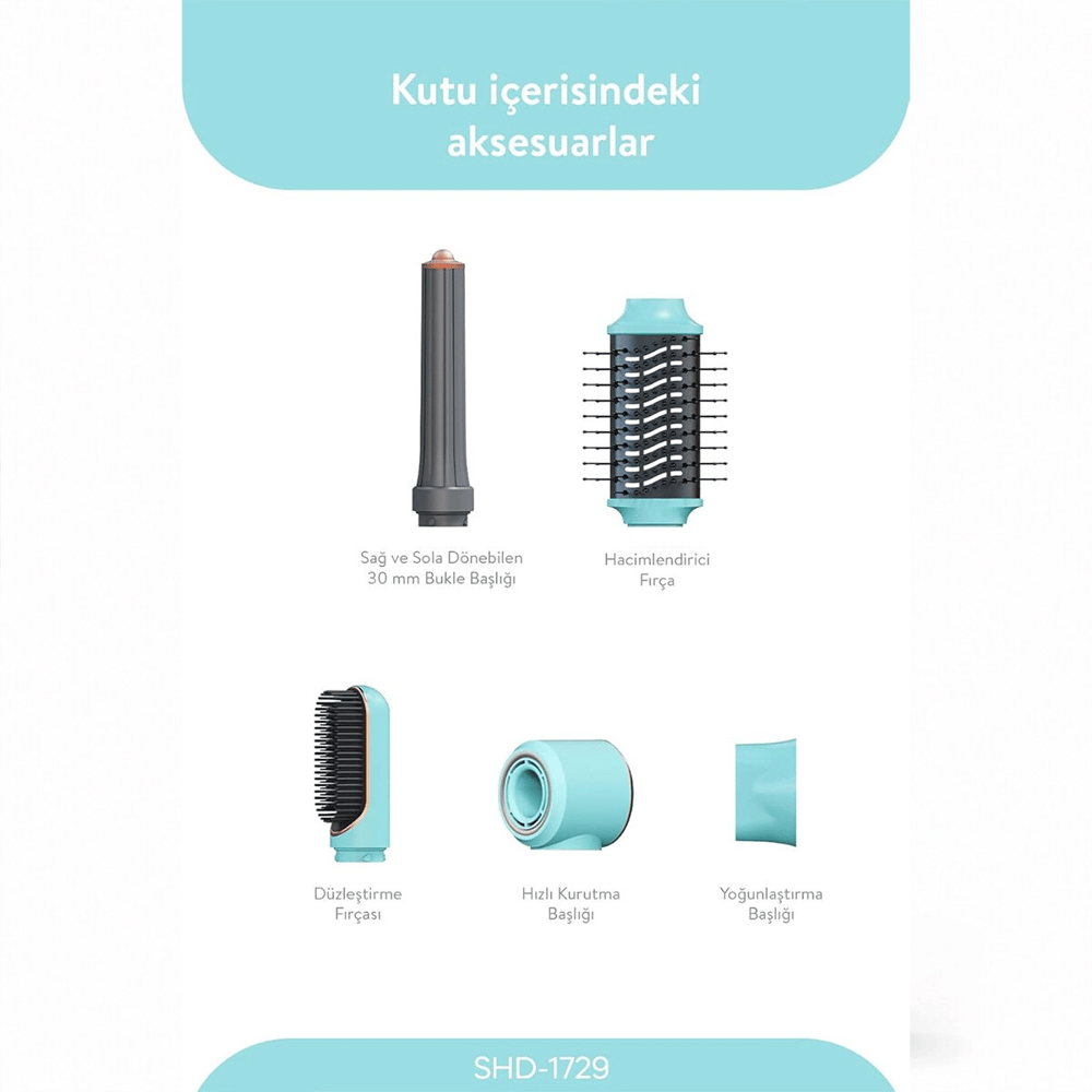 Mavi Air Brush 5in1=bukle-hacimle-düzleştir-2-fırça Saç Kurutma - Şekil Makinesi 1300w 3-kdm.hız Sıcaklık Shd-1729 Bx40