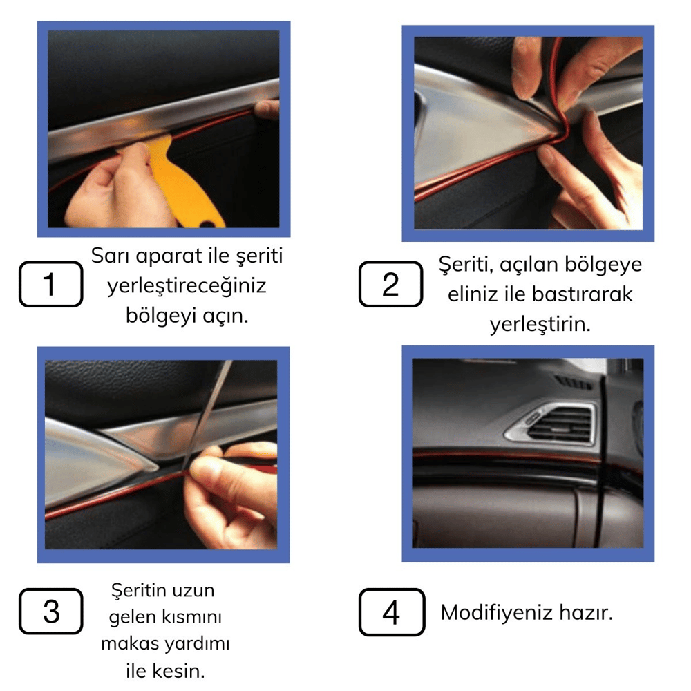 Mavi Araba Oto trim Dekorasyon Şeridi Kauçuk Elastik Kolay Kurulum 5 Metre Şerit Bant Bx40