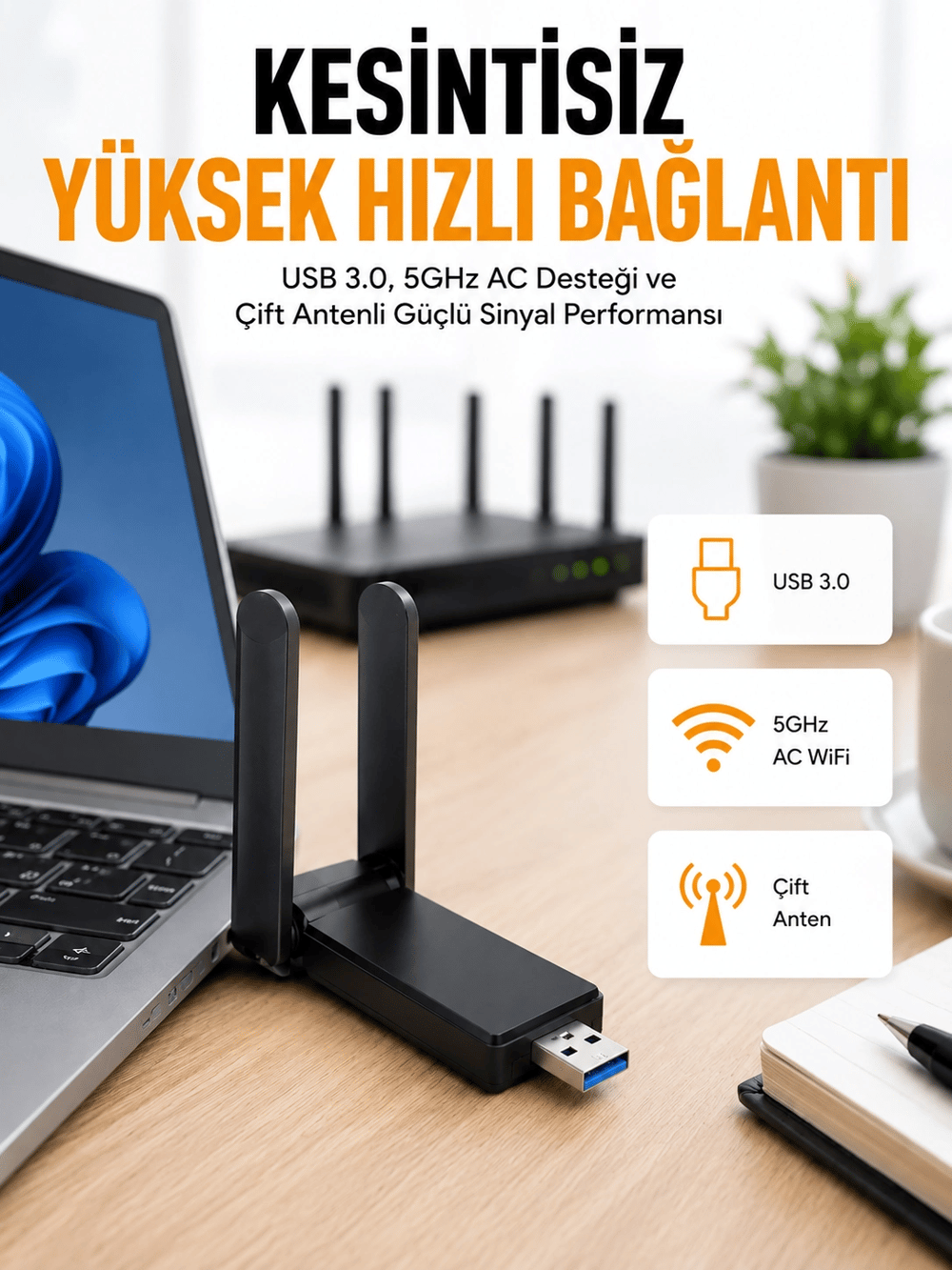 Mbps Wifi Alıcı Kablosuz Wifi Adaptörü Çift Band Çift Antenli Yeni Nesil