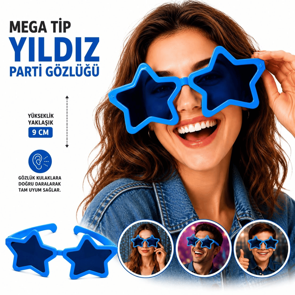 Mega Tip Yıldız Parti Gözlüğü Mavi Renk