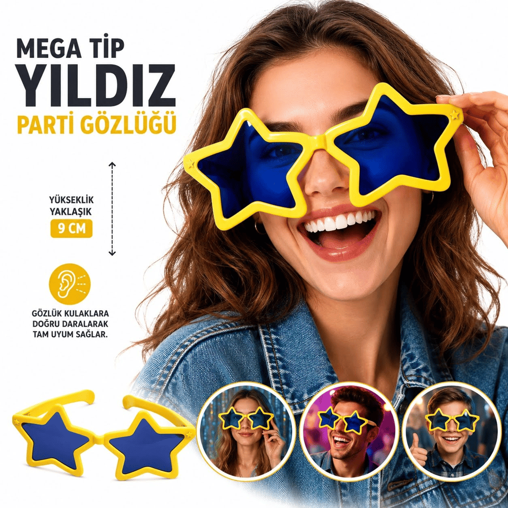 Mega Tip Yıldız Parti Gözlüğü Sarı Renk