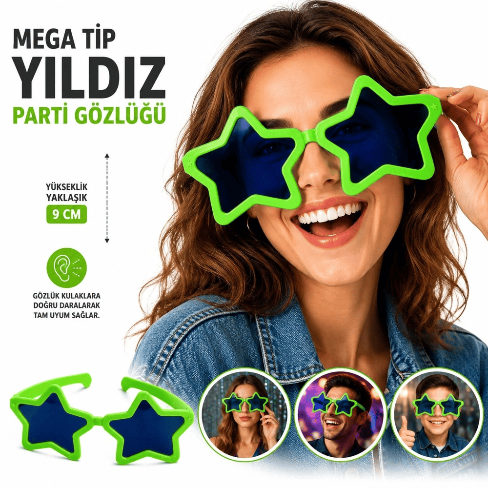 Mega Tip Yıldız Parti Gözlüğü Yeşil Renk