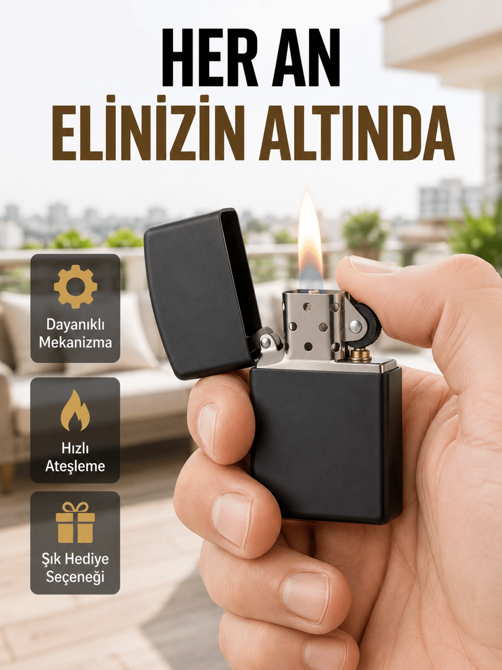 Metal Gövdeli Tasarım Çakmak Mat Yüzeyli ve Ergonomik Tutma Özellikli