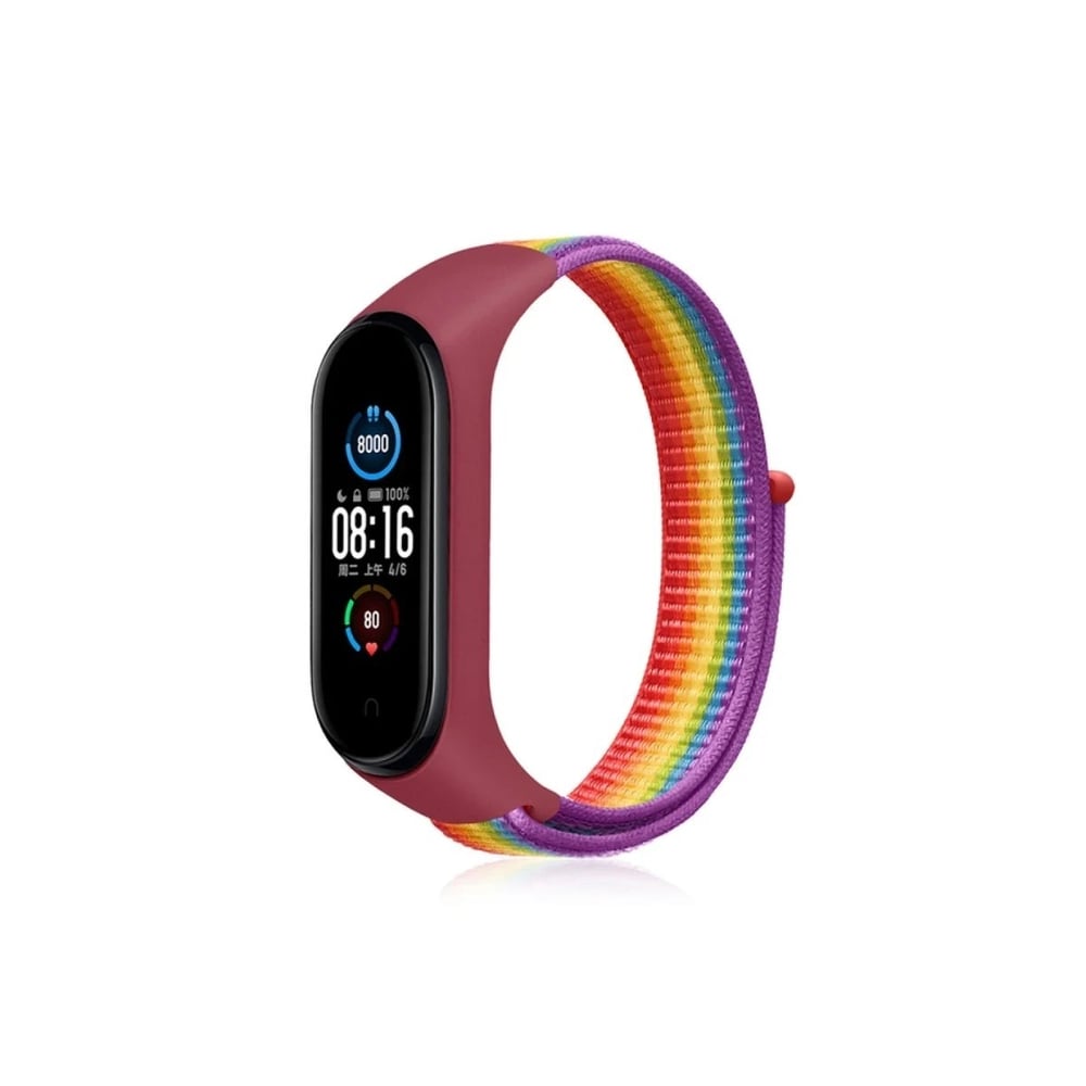 Mey İthalat®   Mi Band 4 Hasırlı Cırtcırtlı Kordon - Gökkuşağı