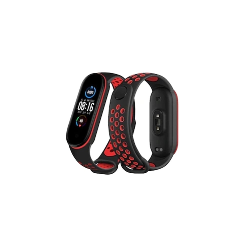 Mey İthalat®   Mi Band 7 Spor Delikli Kordon - Siyah-Kırmızı