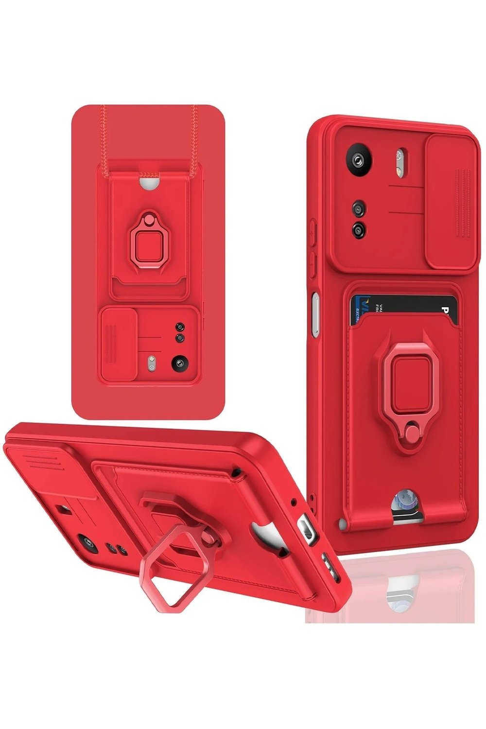 Mey İthalat®   Redmi 13C Kılıf Zuma Kartvizitli Yüzüklü Silikon - Kırmızı