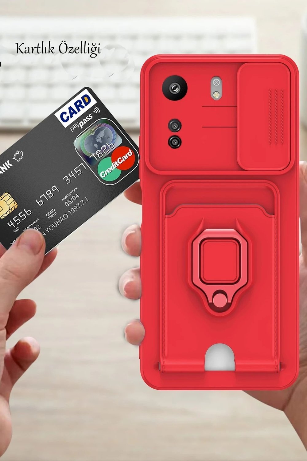 Mey İthalat®   Redmi 13C Kılıf Zuma Kartvizitli Yüzüklü Silikon - Kırmızı
