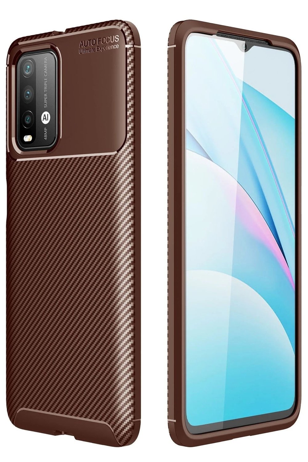 Mey İthalat®   Redmi 9T Kılıf Auto Focus Karbon Kapak - Kahverengi