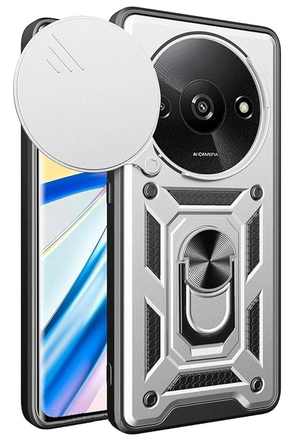Mey İthalat®   Redmi A3 4G Kılıf Pars Lens Yüzüklü Silikon - Gümüş