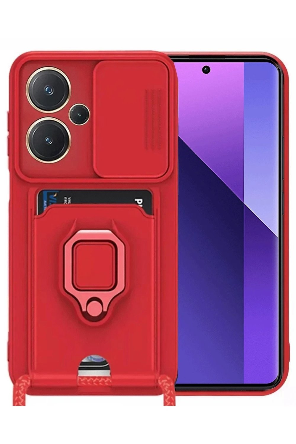 Mey İthalat®   Redmi Note 13 Pro Plus Kılıf Zuma Kartvizitli Yüzüklü Silikon - Kırmızı