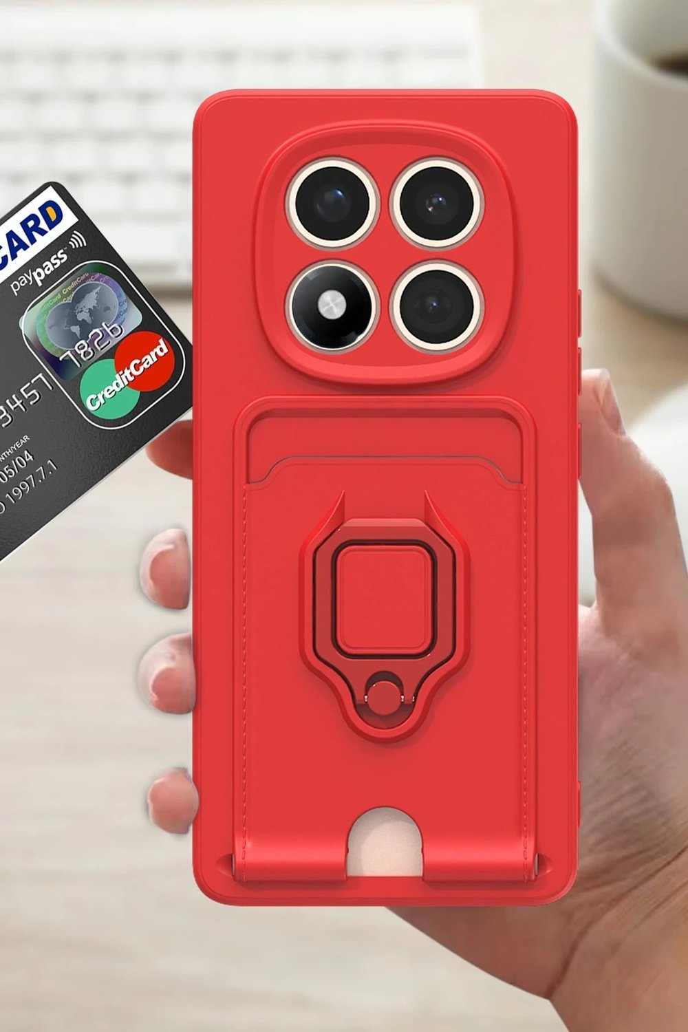 Mey İthalat®   Redmi Note 14 Pro 4G Kılıf Zuma Kartvizitli Yüzüklü Silikon - Kırmızı