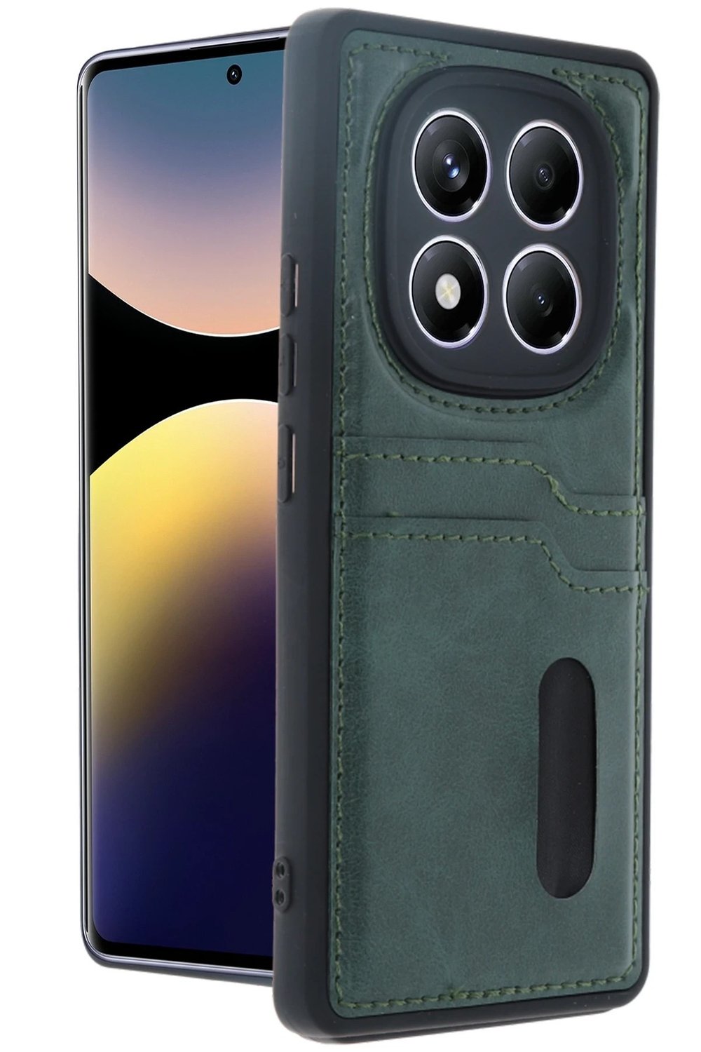 Mey İthalat®   Redmi Note 14 Pro 5G Kılıf Sara Kartvizitli Deri Kılıf - Koyu Yeşil