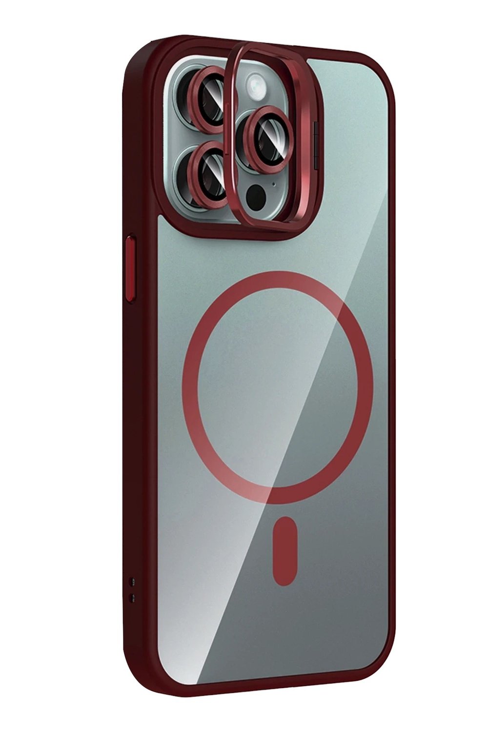 Mey İthalat®   iPhone 14 Pro Max Remim Lensli Magsafe Standlı Kapak - Bordo
