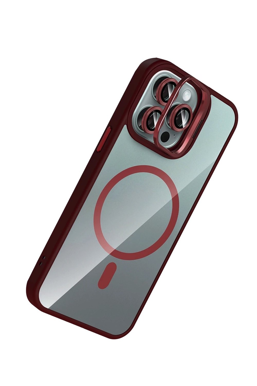 Mey İthalat®   iPhone 14 Pro Max Remim Lensli Magsafe Standlı Kapak - Bordo