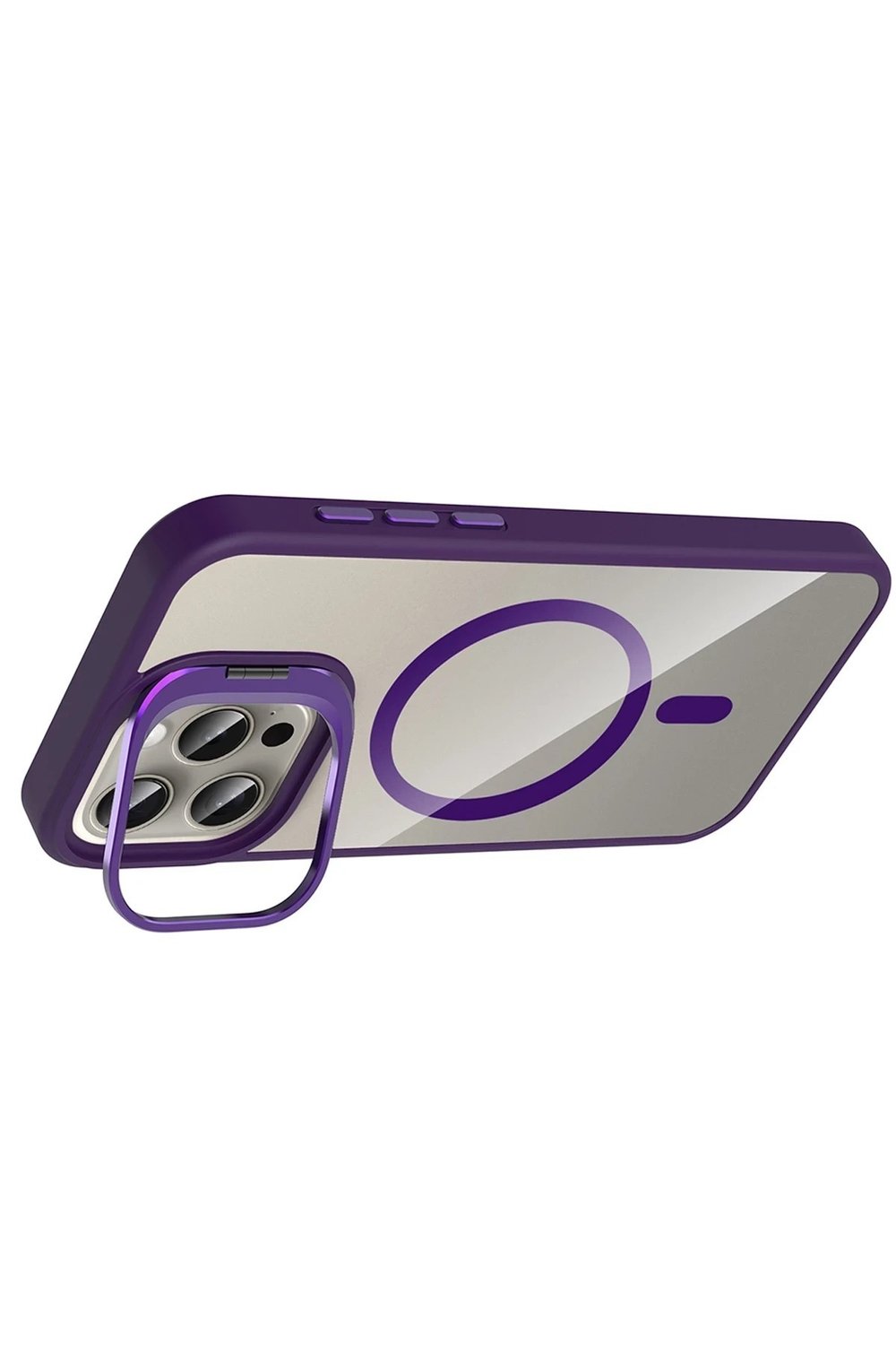 Mey İthalat®   iPhone 14 Pro Max Remim Lensli Magsafe Standlı Kapak - Derin Mor