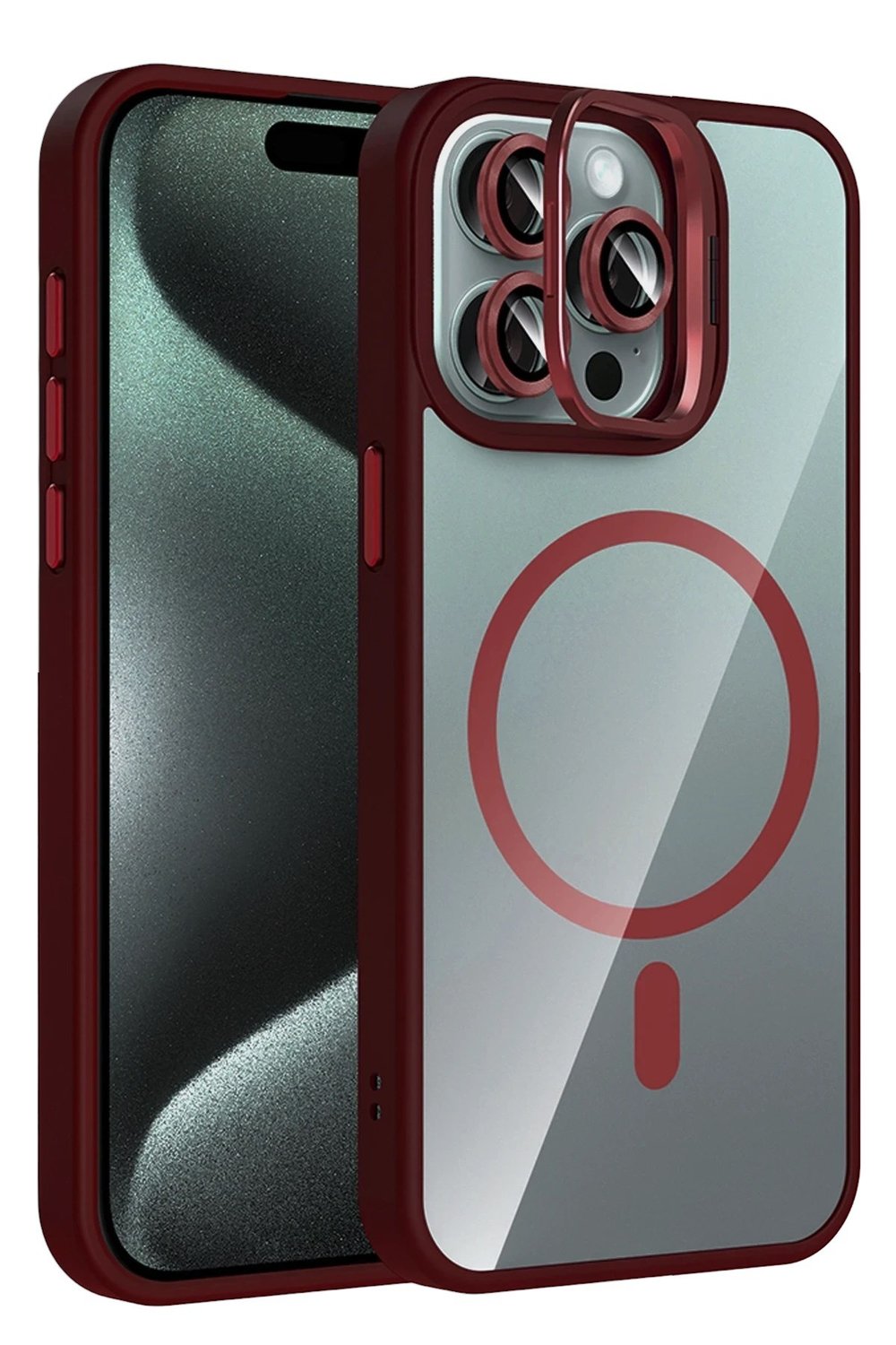 Mey İthalat®   iPhone 14 Pro Max Remim Lensli Magsafe Standlı Kapak - Bordo