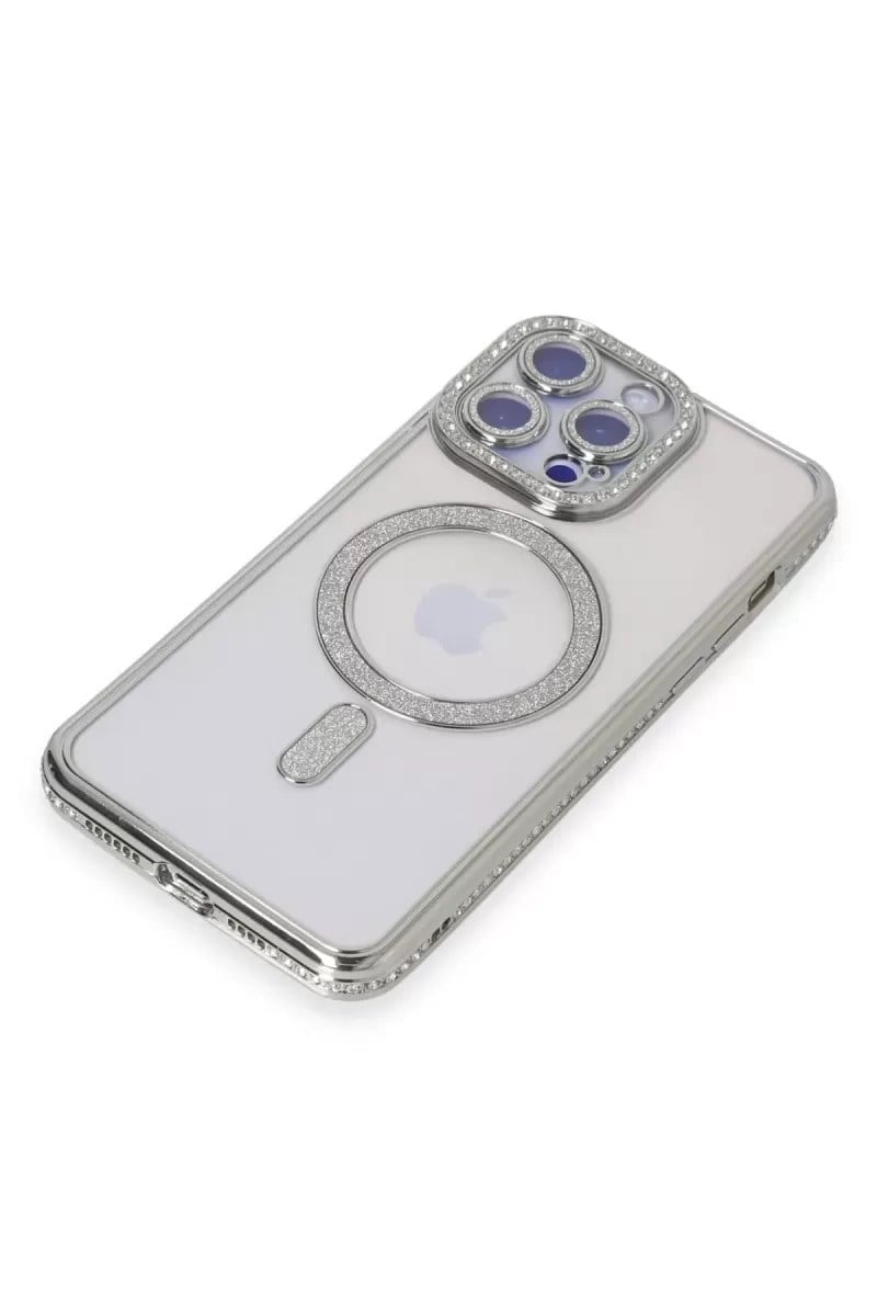 Mey İthalat®   iPhone 15 Pro Max Kılıf Joke Simli Magneticsafe Kılıf - Gümüş