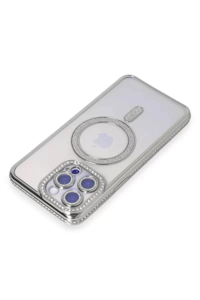 Mey İthalat®   iPhone 15 Pro Max Kılıf Joke Simli Magneticsafe Kılıf - Gümüş