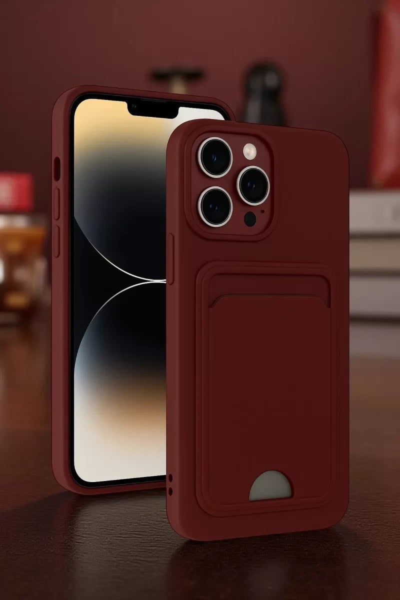 Mey İthalat®   iPhone 15 Pro Max Kılıf Kelvin Kartvizitli Silikon - Bordo
