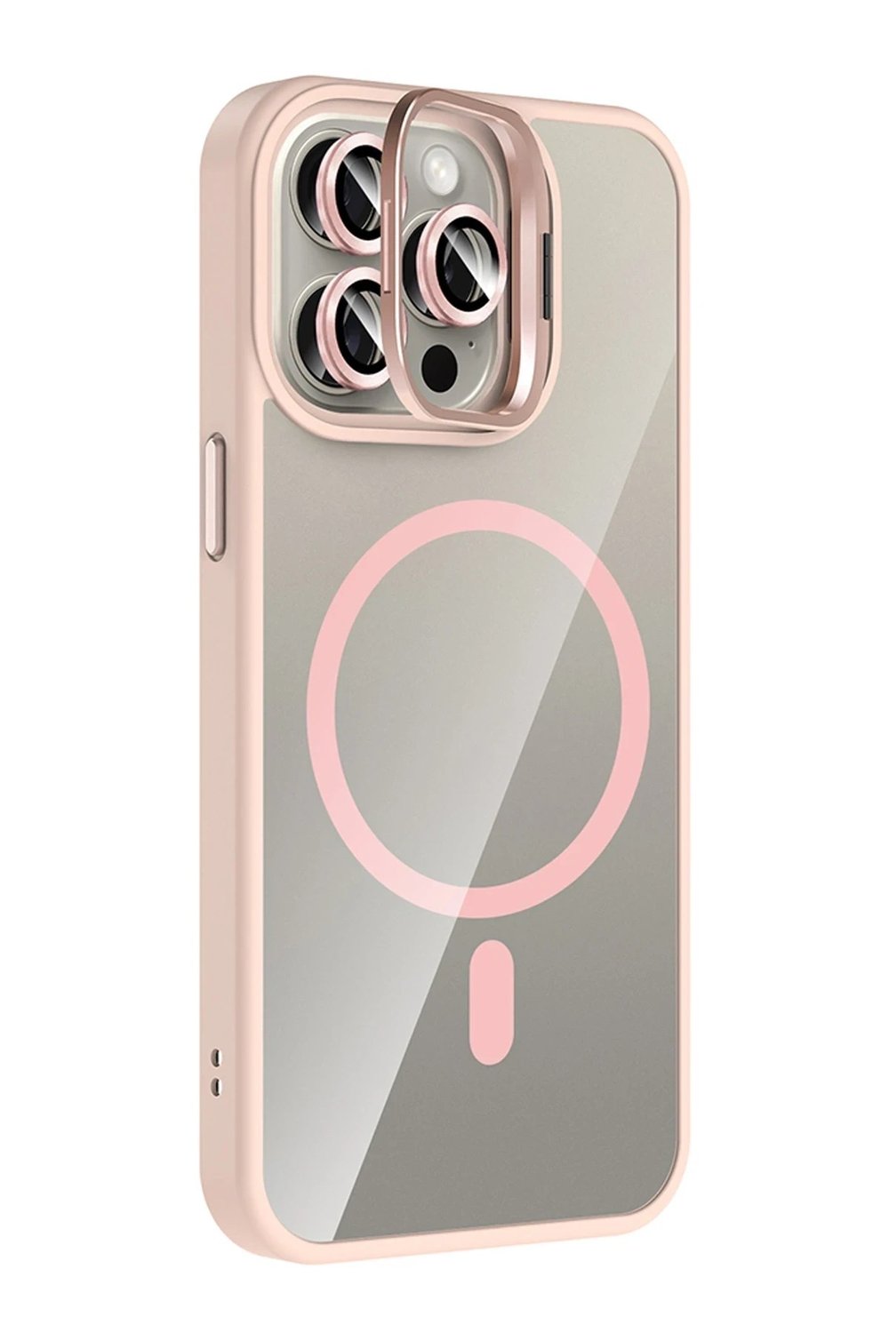 Mey İthalat®   iPhone 15 Pro Max Remim Lensli Magsafe Standlı Kapak - Pembe
