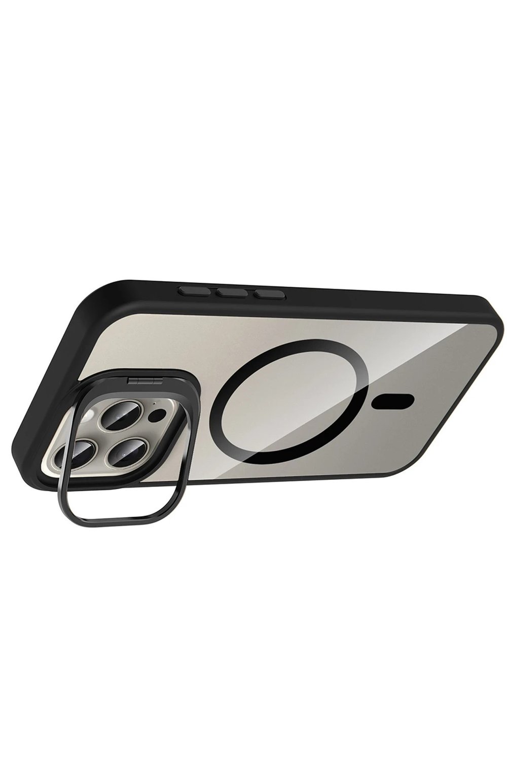 Mey İthalat®   iPhone 15 Pro Max Remim Lensli Magsafe Standlı Kapak - Siyah