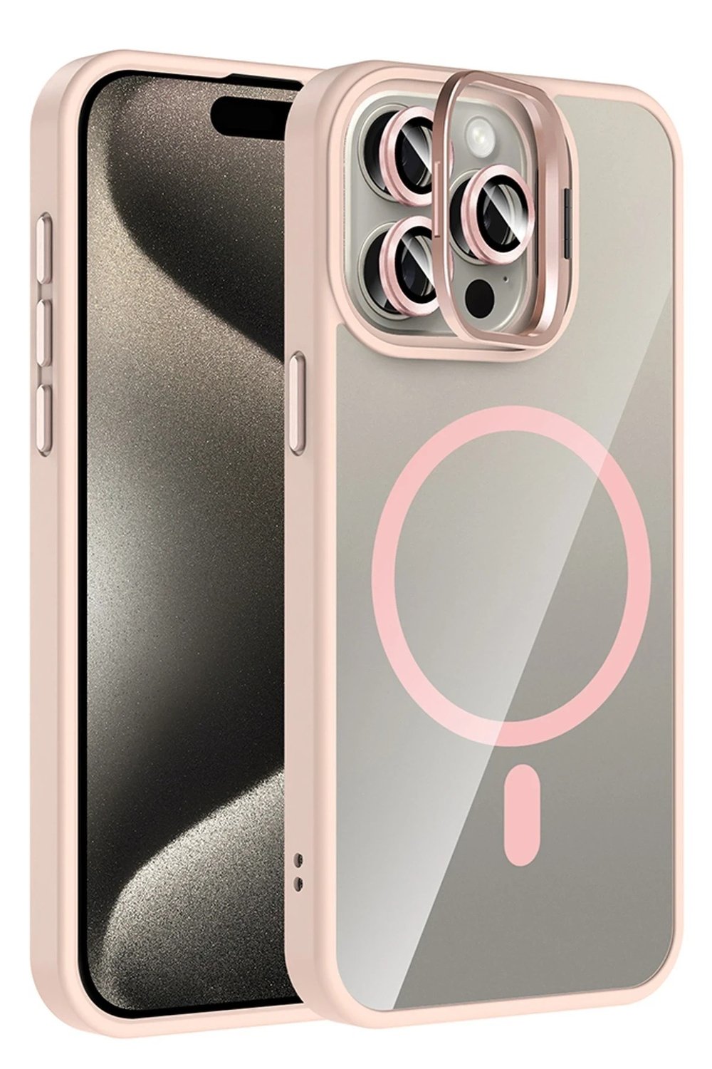 Mey İthalat®   iPhone 15 Pro Max Remim Lensli Magsafe Standlı Kapak - Pembe