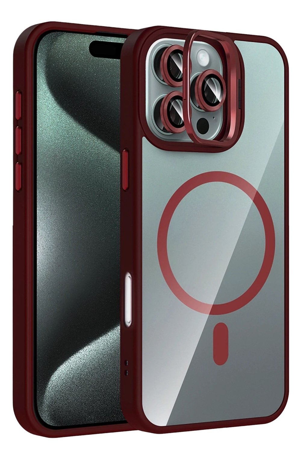 Mey İthalat®   iPhone 16 Pro Max Remim Lensli Magsafe Standlı Kapak - Bordo