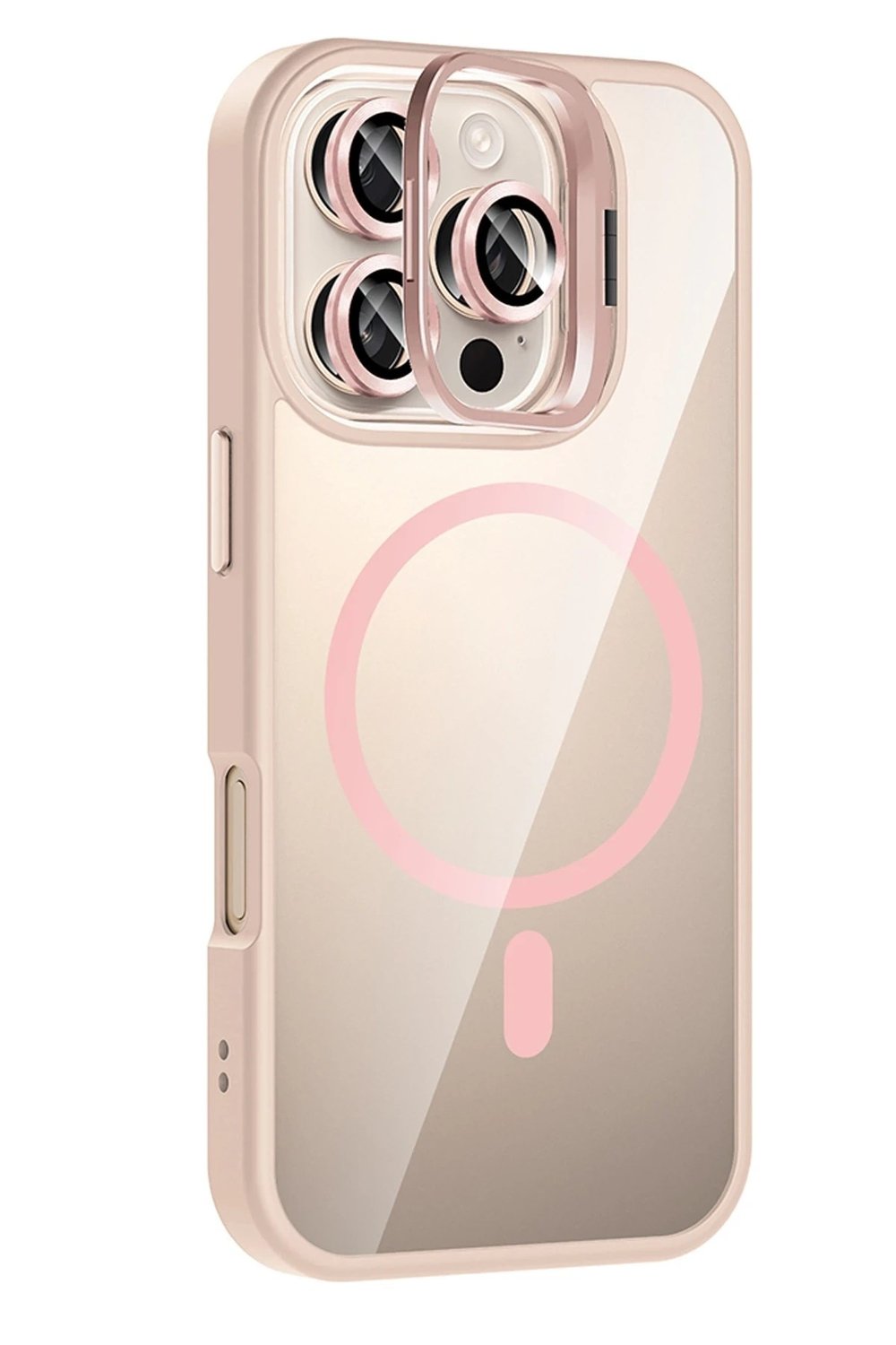 Mey İthalat®   iPhone 16 Pro Remim Lensli Magsafe Standlı Kapak - Pembe