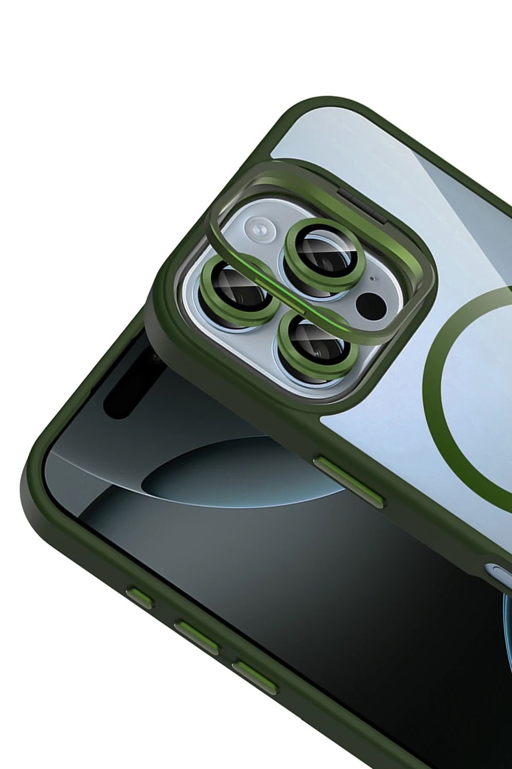 Mey İthalat®   iPhone 16 Pro Remim Lensli Magsafe Standlı Kapak - Koyu Yeşil