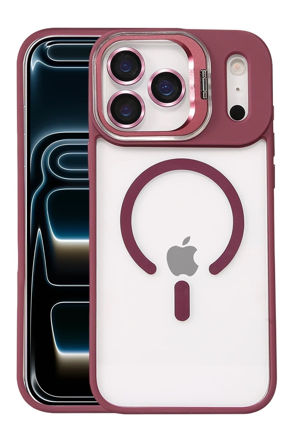 Mey İthalat®   iPhone 17 Pro Max Remim Lensli Magsafe Standlı Kapak - Bordo