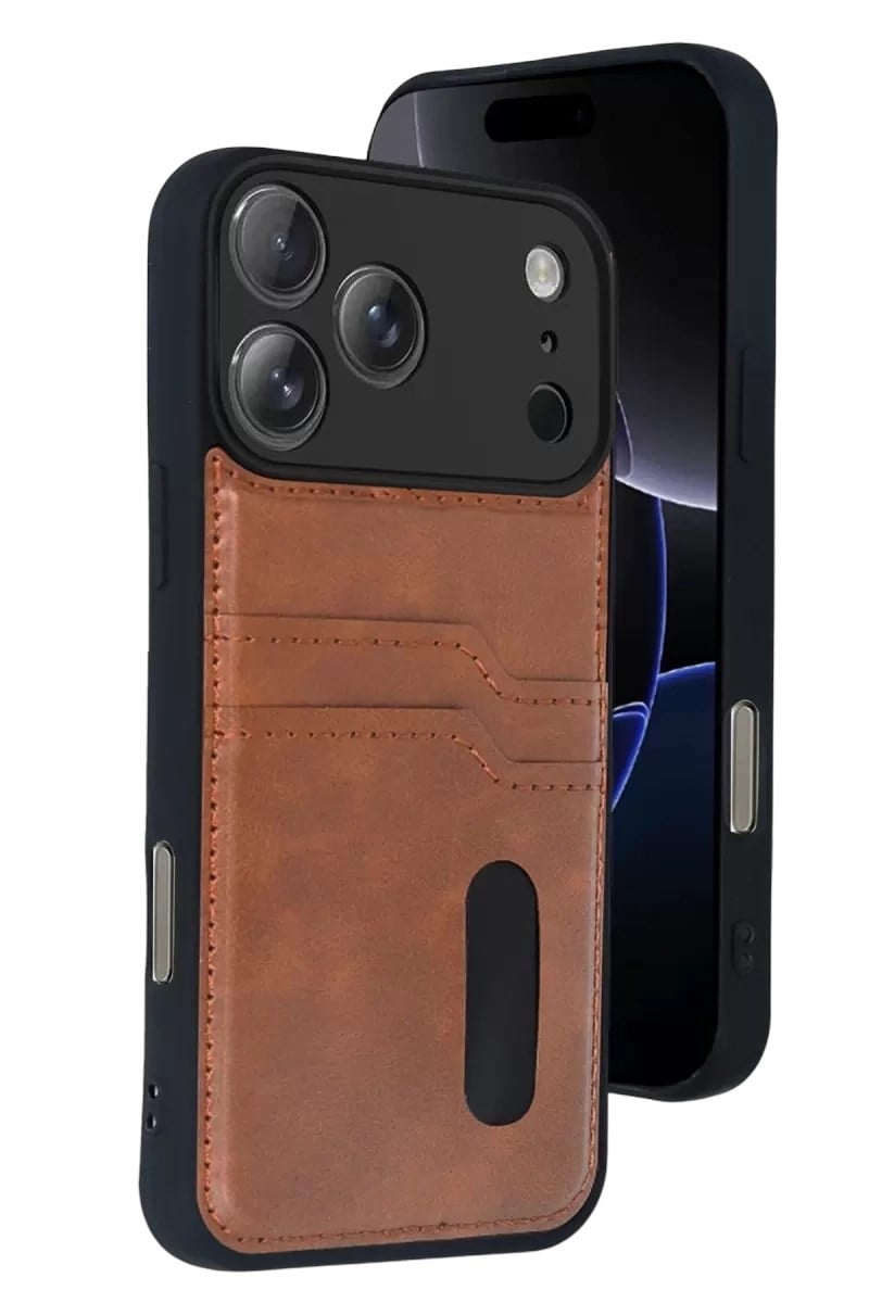 Mey İthalat®   iPhone 17 Pro Max Sara Kartvizitli Deri Kılıf - Taba