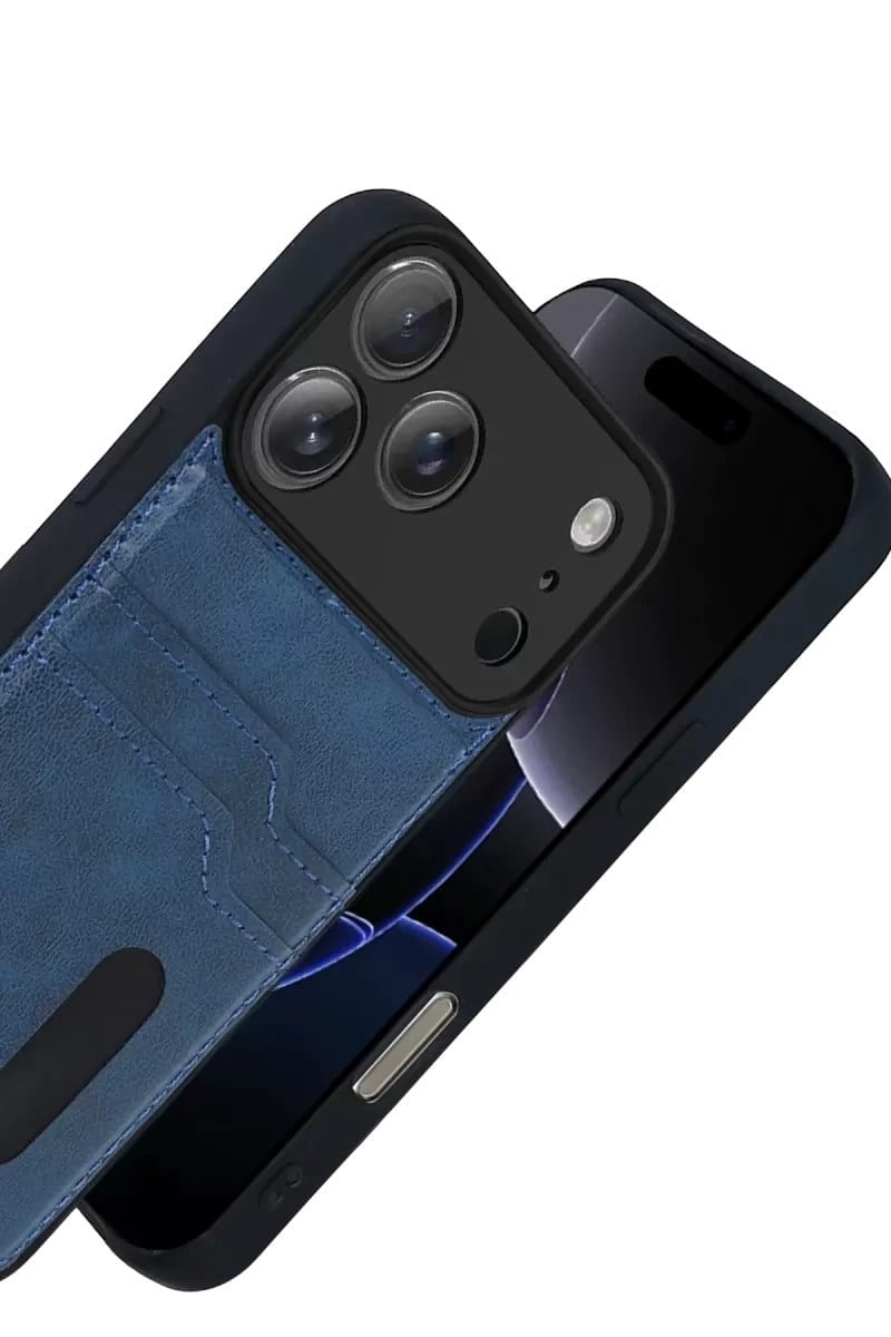 Mey İthalat®   iPhone 17 Pro Max Sara Kartvizitli Deri Kılıf - Lacivert