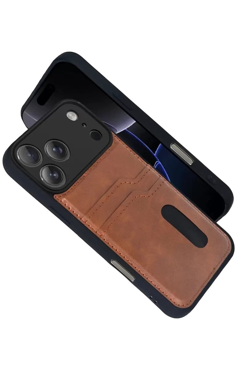 Mey İthalat®   iPhone 17 Pro Max Sara Kartvizitli Deri Kılıf - Taba