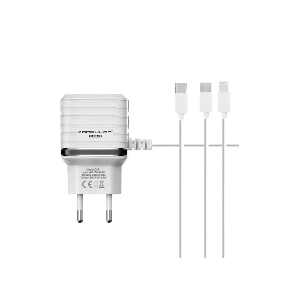 Mey İthalat®  C33 Hızlı Şarj Cihazı 3in1 (Dahili Lightning Kablo iphone Uyumlulu)