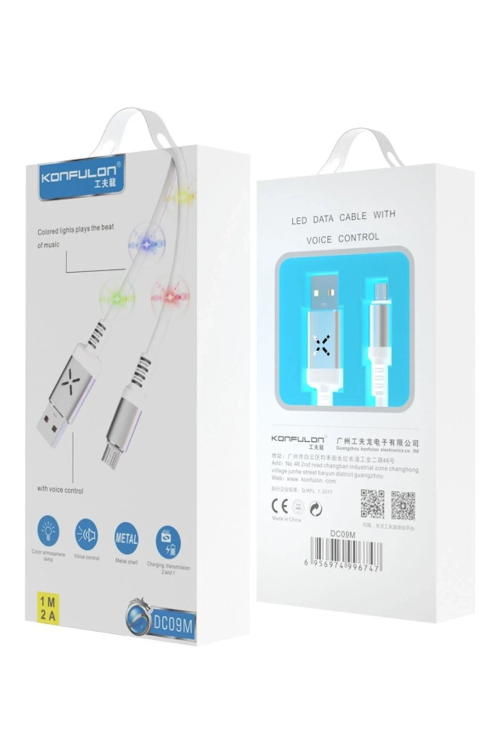 Mey İthalat®  DC09 Ses Duyarlı Işıklı Micro USB Kablo 1M 2A - Beyaz