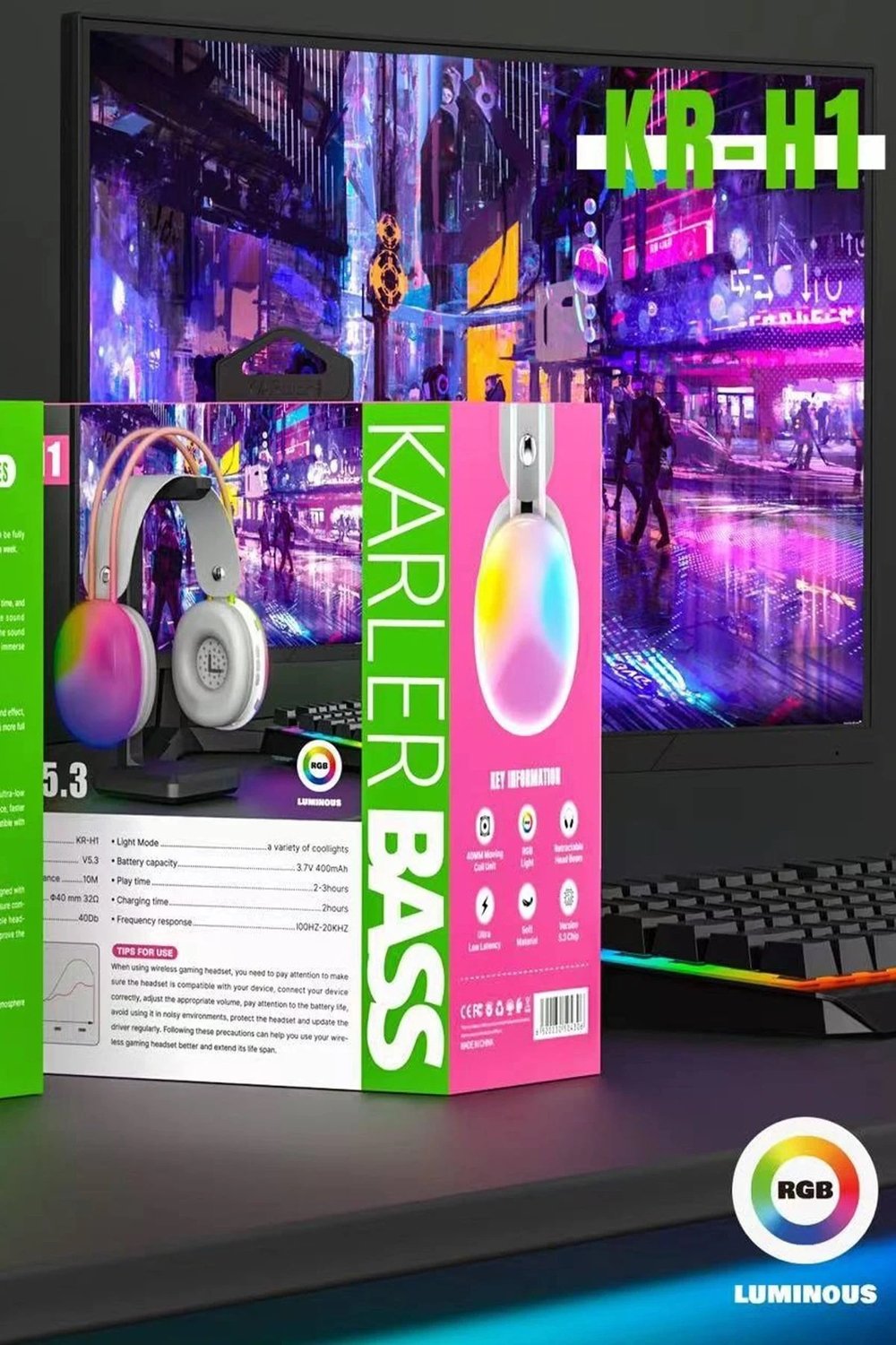 Mey İthalat®  KRH1 RGB Kafaüstü Kablosuz Kulaklık - Gri