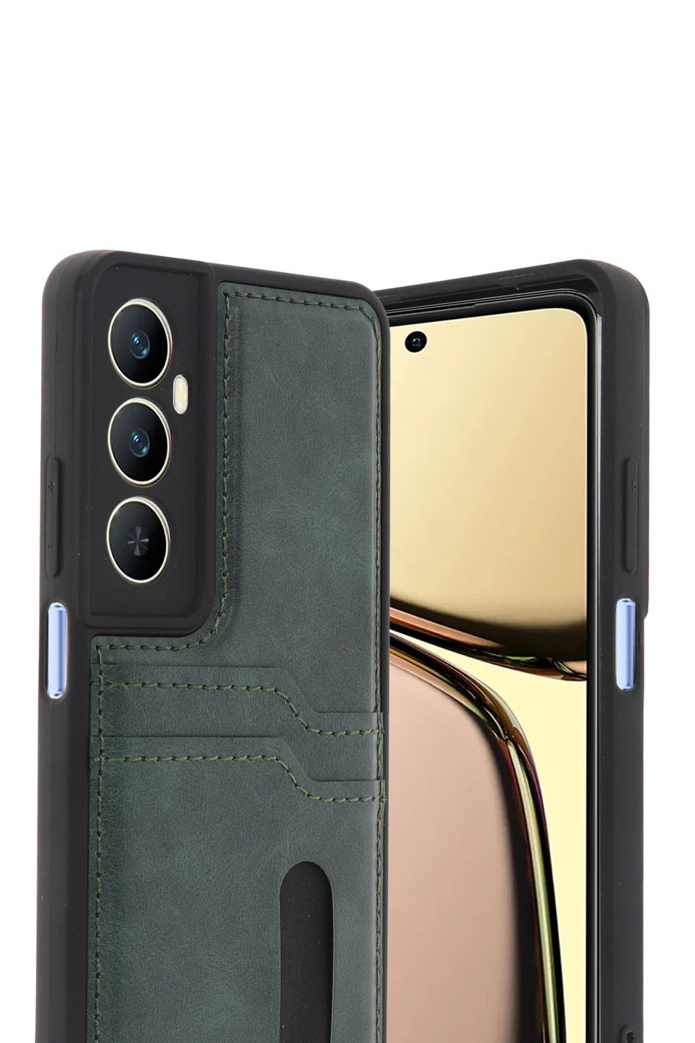 Mey İthalat®  Realme C65 Sara Kartvizitli Deri Kılıf - Yeşil
