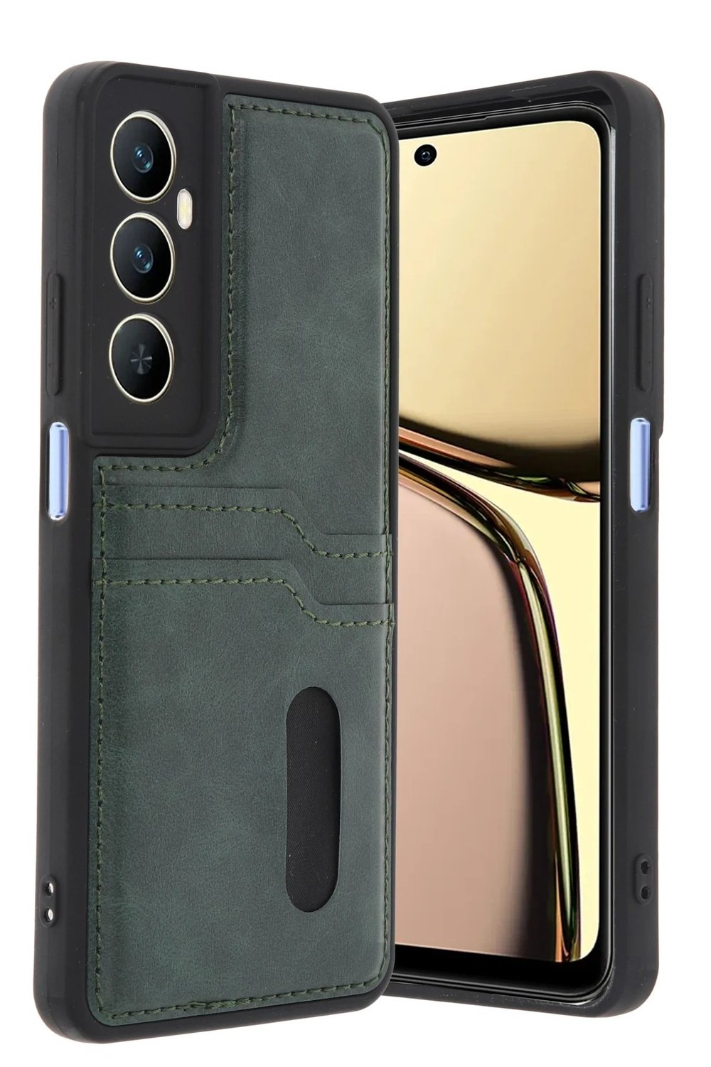Mey İthalat®  Realme C65 Sara Kartvizitli Deri Kılıf - Yeşil